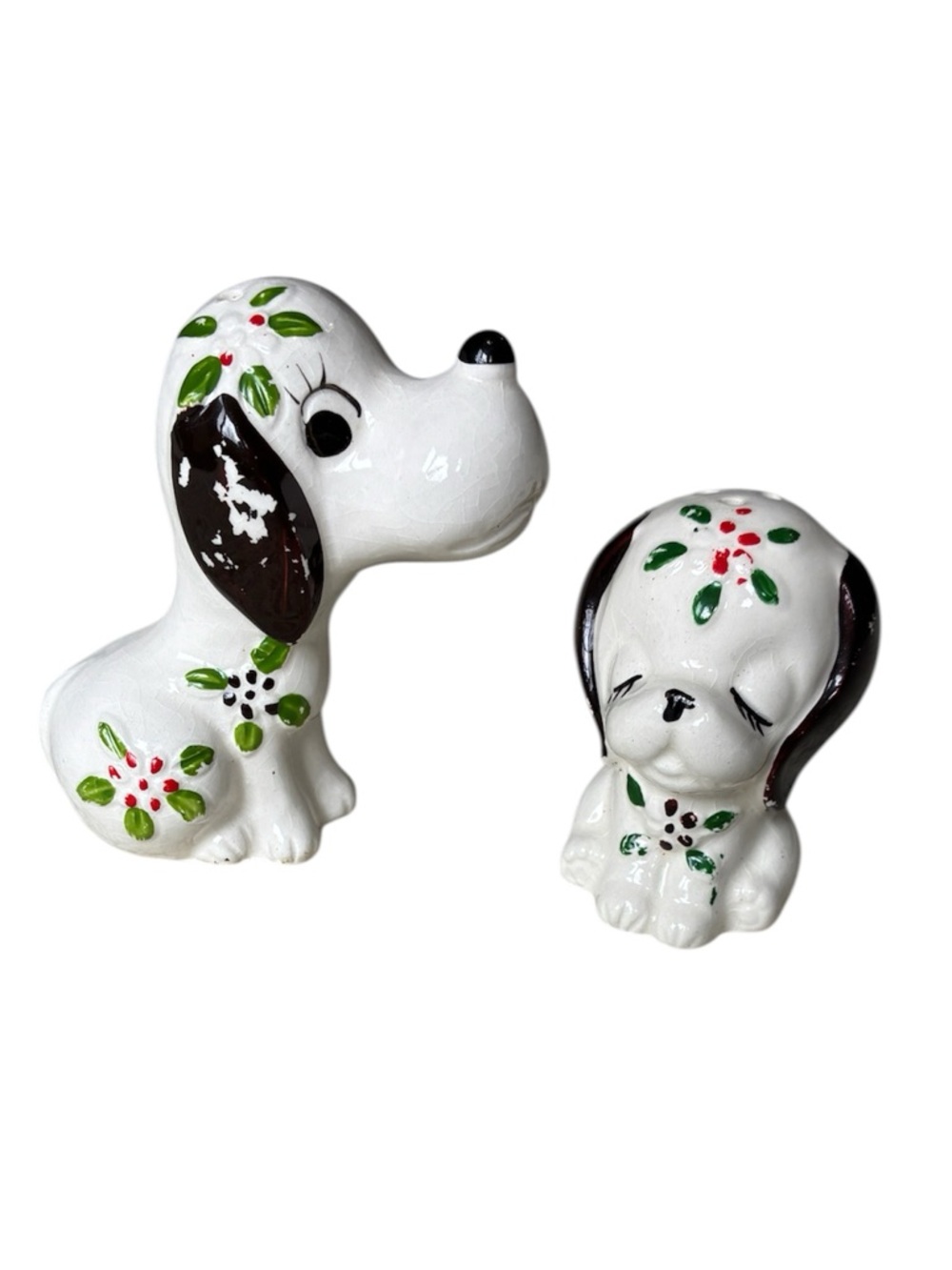 Vintage Japan Ceramic Dog Salt & Pepper Shakers Holly Hand Painted Set